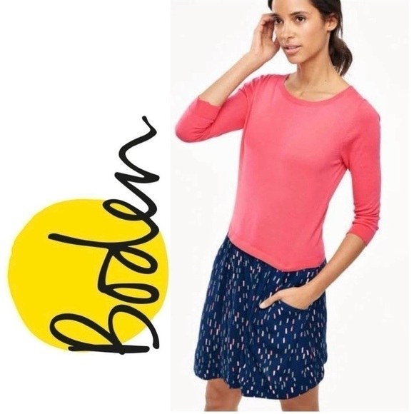 BODEN 3/4 Sleeve Pink Sweater Navy Dress Geometric Rectangles Pockets Womens 6 R - Picture 1 of 13